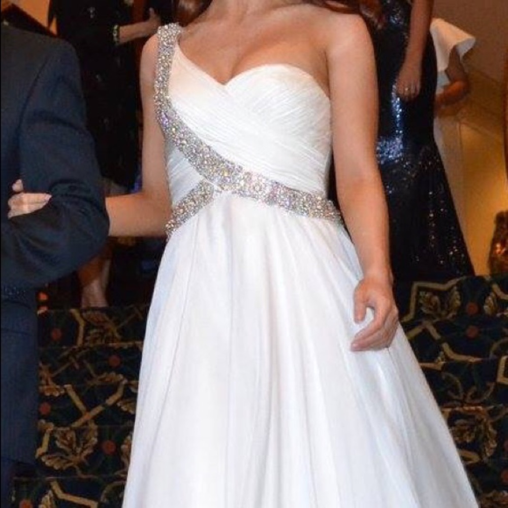 Jovani one-shoulder white prom dress